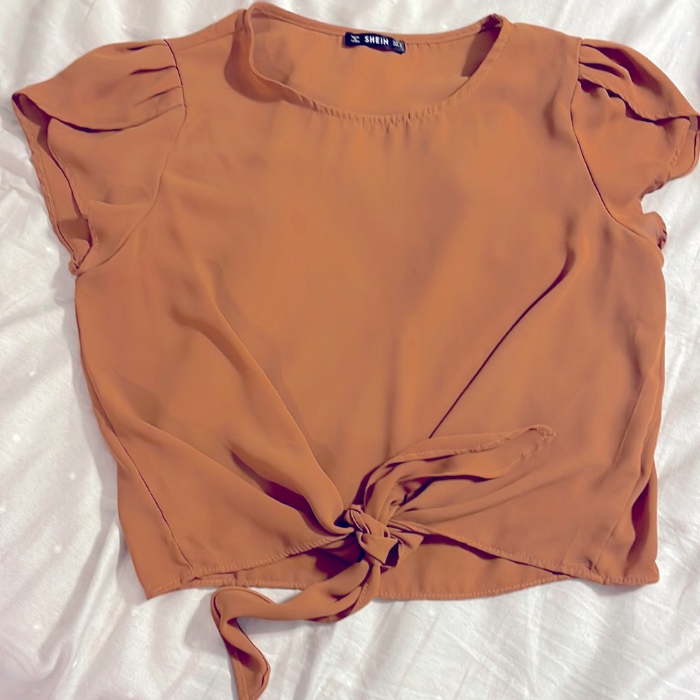SHEIN - Camel Sheer Tie Short Sleeve Blouse - Small
